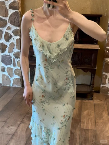 Sage Green Floral Mermaid Spaghetti Strap Layered Chiffon Evening Dress Party Dress HZ1023